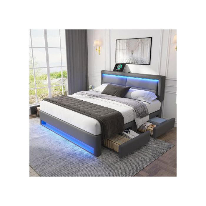 Lit rembourré - MUVOE - 140x190 cm - USB - Éclairage LED - 4 tiroirs de rangement