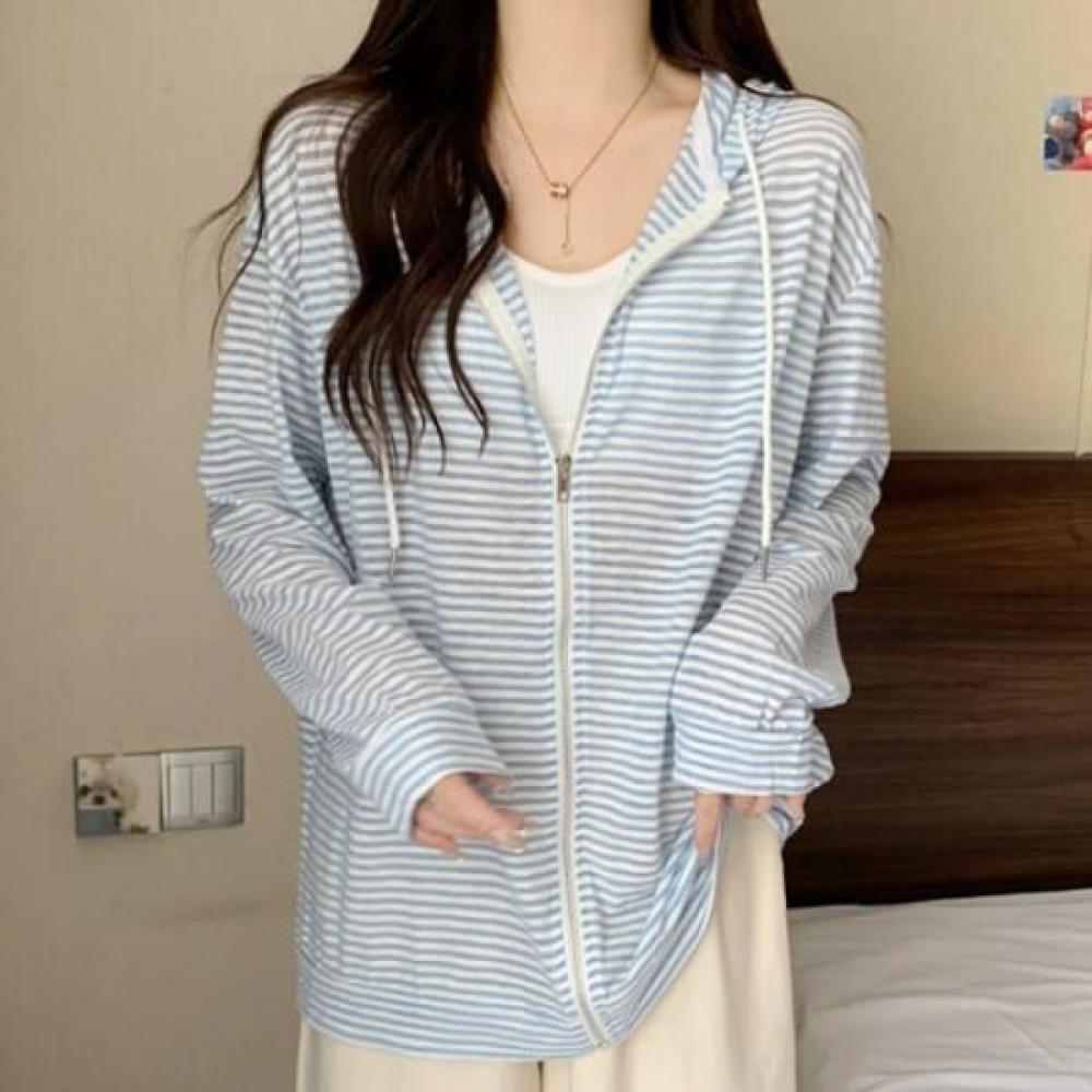 Navava Women Thin Striped Long Sleeve Hoodie Zip Up Nc384