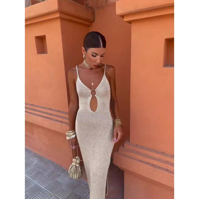 European-American Cross-Border Backless Knit Dress with Metal Buckle - Women's High Waist, Slimming, Sexy Spaghetti Strap, Hollowed-out Design