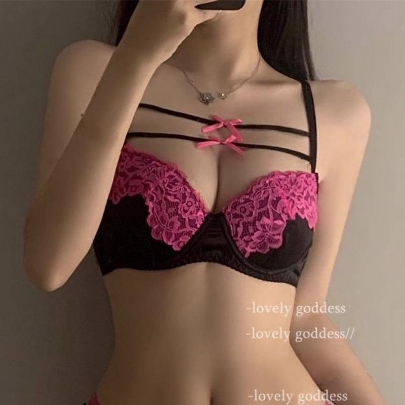 Black and Pink Lace Push Up Bra with Crisscross Straps and Bow Detail Underwire Lingerie S розовый/чёрный