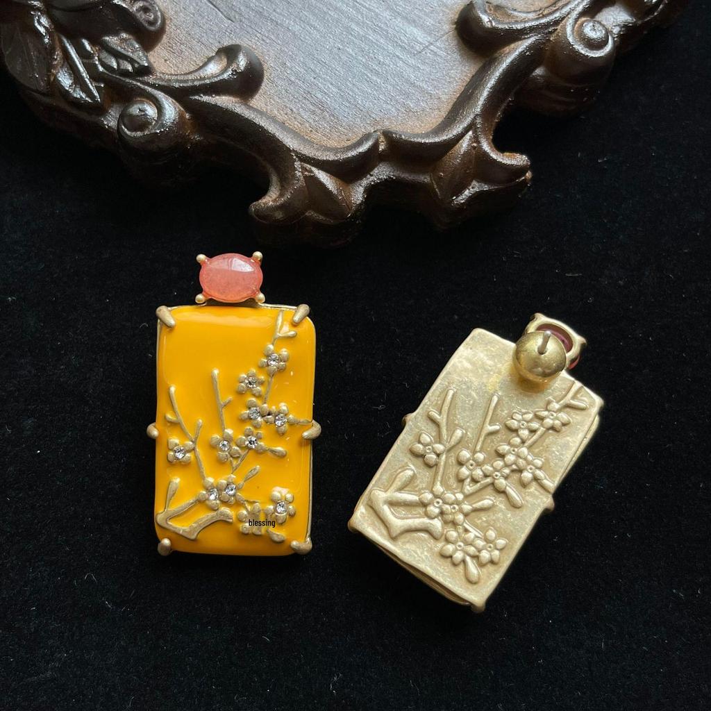 Vintage Plum Blossom Chinese-Style Earrings: 925 Silver Needle, Brass Enamel & Natural Stones for Women