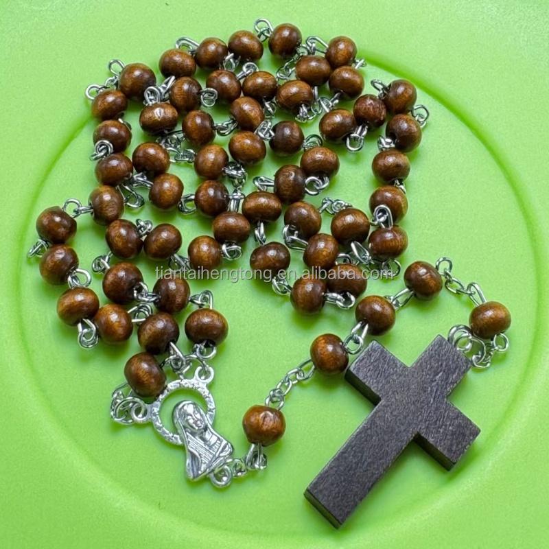 Cheap 6*7mm Dark Brown Rosary Virgin Mary Rosaries Wooden Beads Religious Catholic Necklace Blank Cross Pendant in Stock