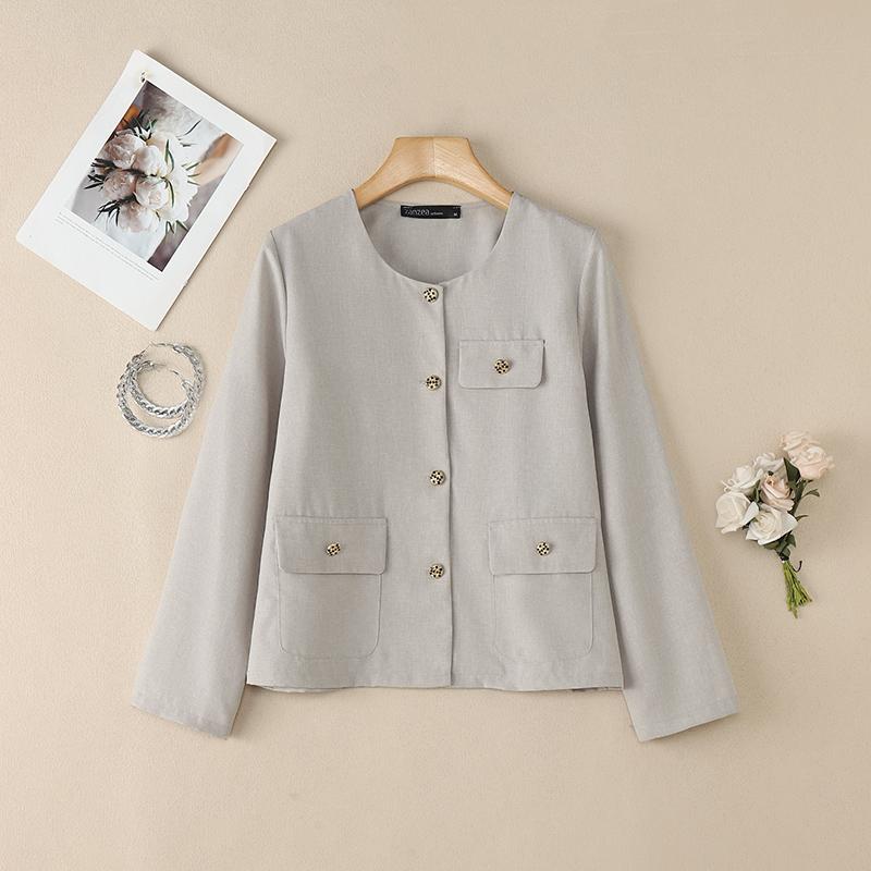 ZANZEA Женская Классическая Свободная Блузка с Круглым Вырезом и Длинным Рукавом Повседневная S абрикосовый