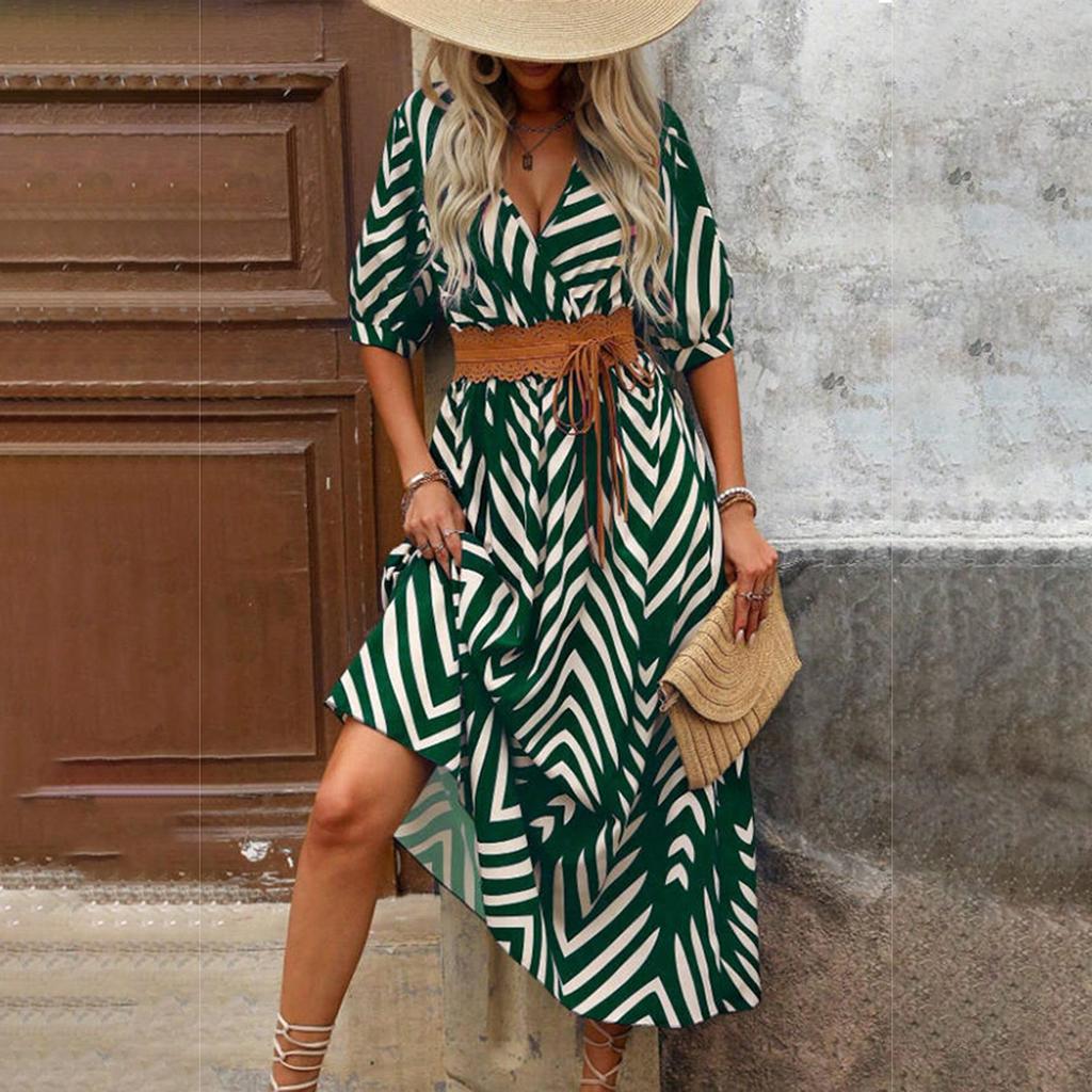 Ladies' Summer Loose Half-sleeved V-neck Blouse With Loose And Tight Waistline Casual Dress