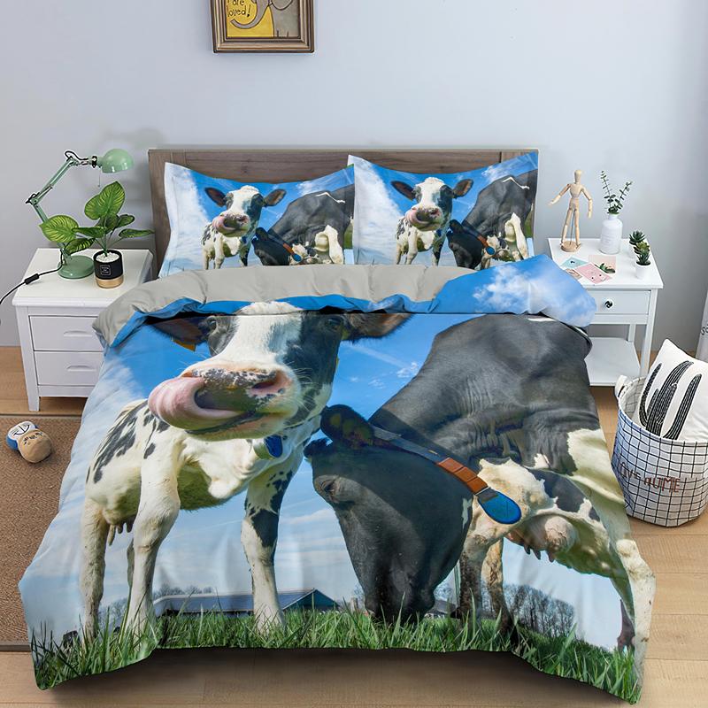 Cows Duvet Cover Set 3D Animals Black White Milk Cows King Queen Size Polyester Comforter Cover For Boys Girls Kids Bedding Set