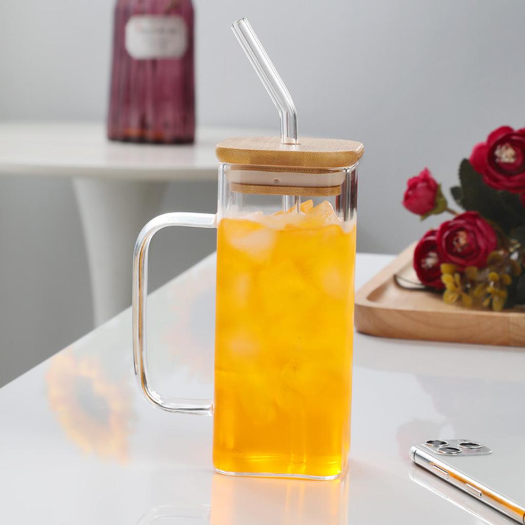 Six Color Square Glass Cup High Borosilicate Transparent Milk Cup Colored Handle Juice Beverage Cup Square Household Straw Water Cup