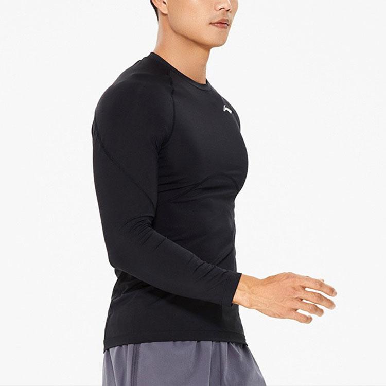 Li Ning Fitness Series Solid Color Round Neck Long Sleeve Tight Fitness Shirt Men Tops Black AUDS015-1