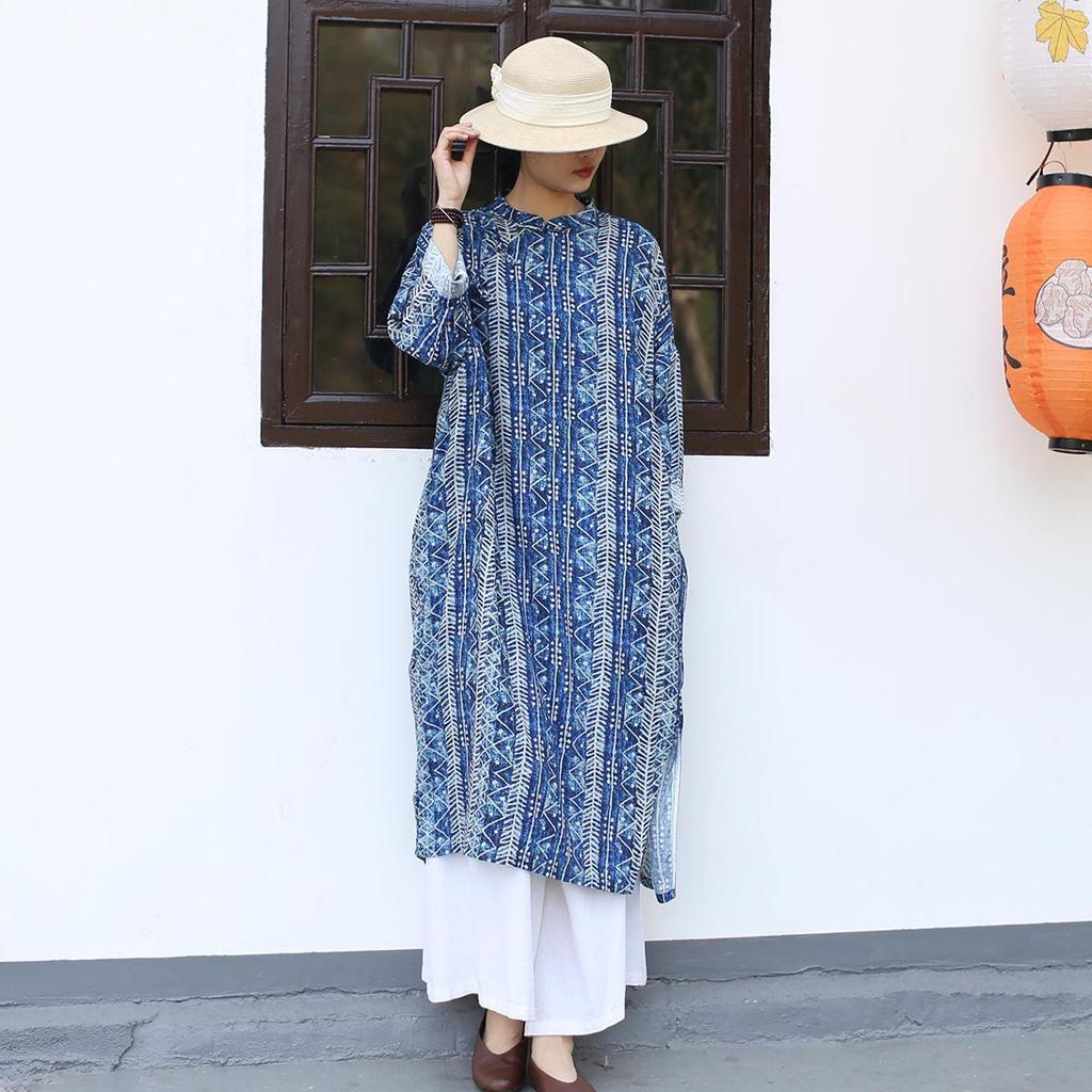 Johnature Women Vintage Stand Print Floral Dress Bat Sleeve Spring Blue A-Line Button Dresses