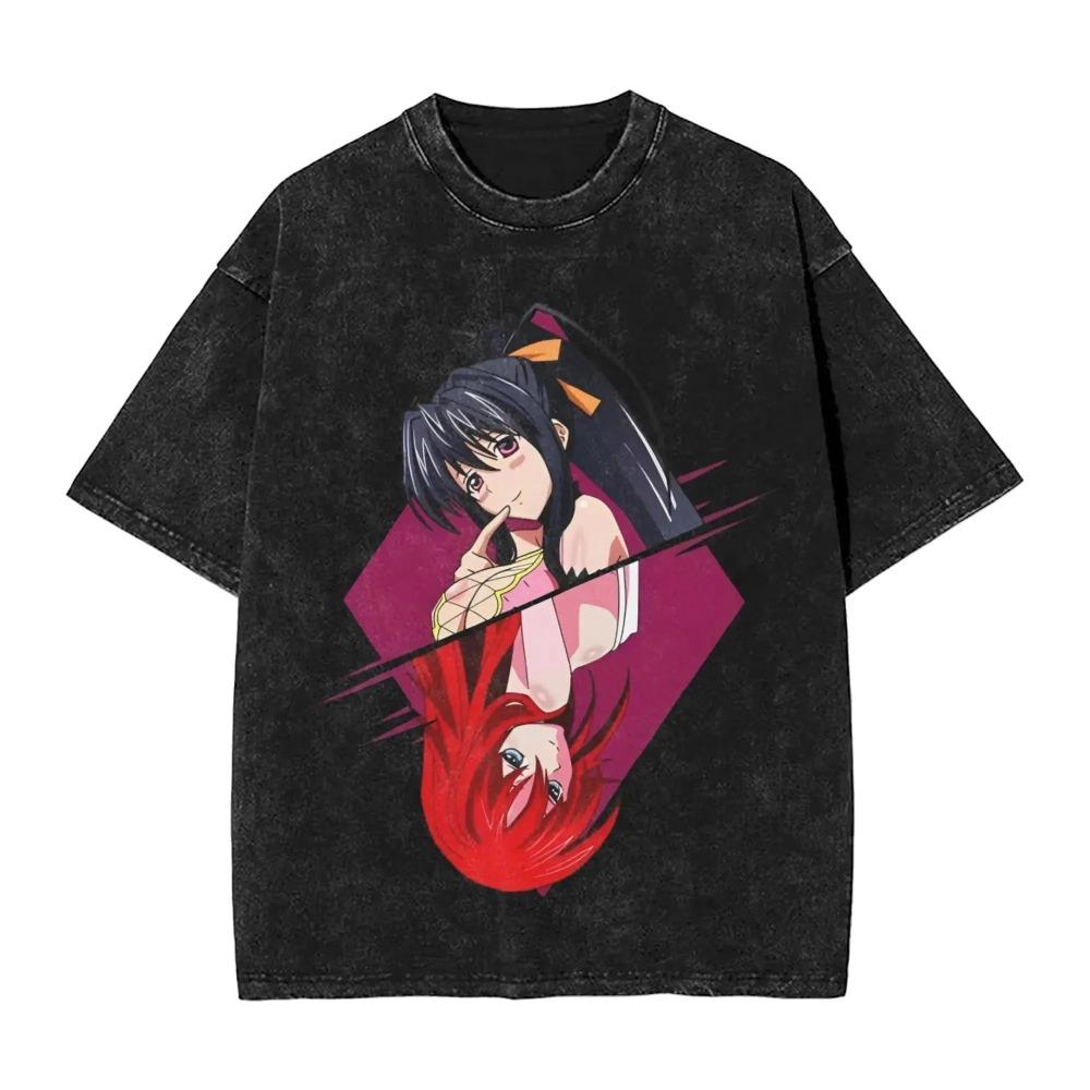 High School DxD Rias Gremory Vintage Anime T-Shirt, Unisex Otaku Streetwear Tee, Washed Cotton Casual Short Sleeve Top