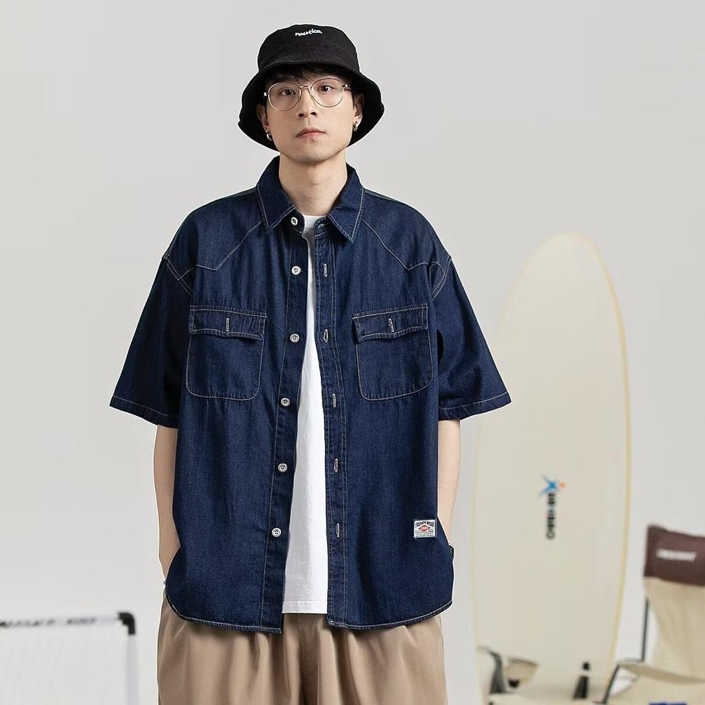 Japanische Retro-Modemarke, Sommer, lockeres Denim-Kurzarmhemd, künstlerisches Jugend-Arbeitshemd, mehrlagige Jacke für Herren und Damen