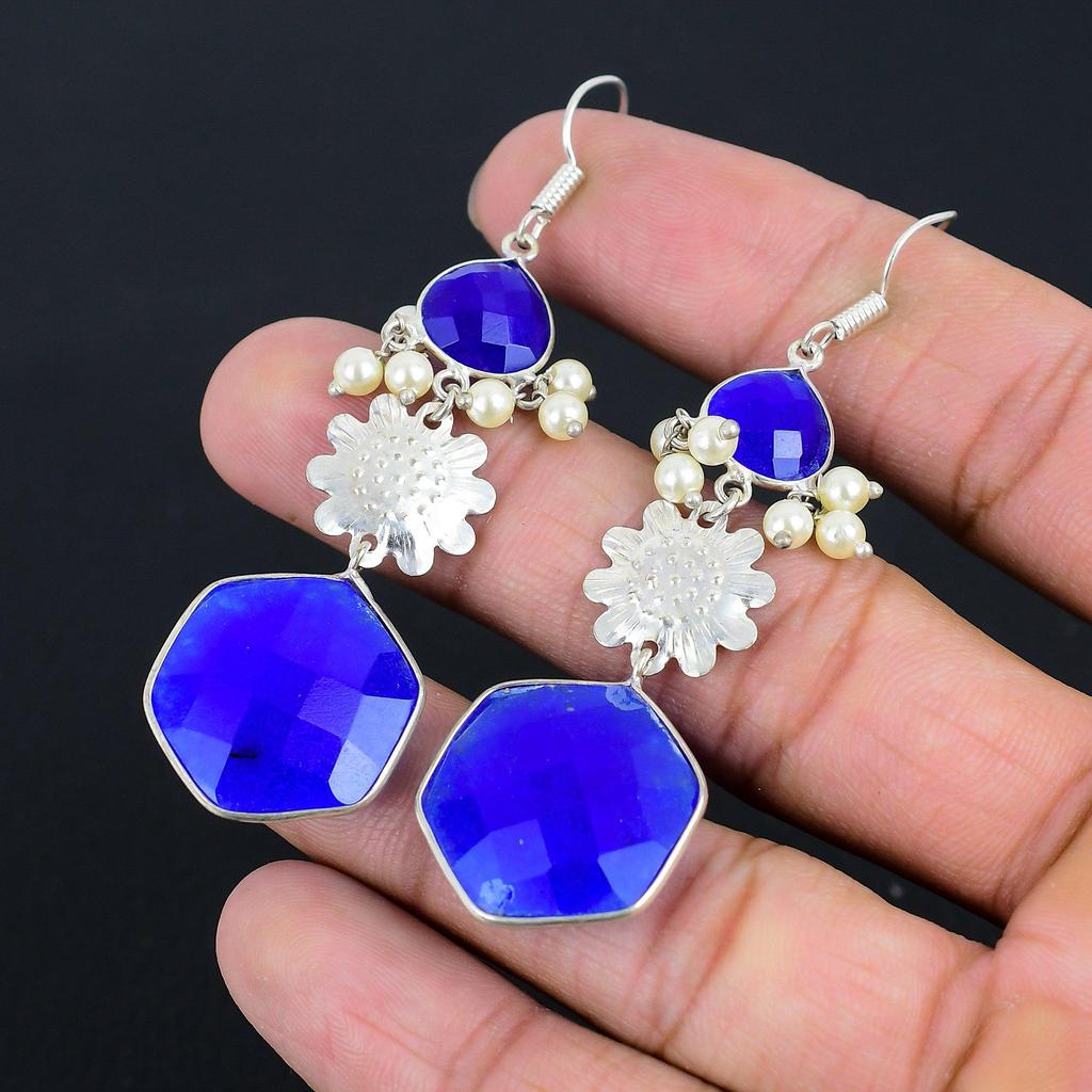 925 Silver Hexagon Blue Sapphire Stone Engagement Boho Dangling Earrings Jewelry