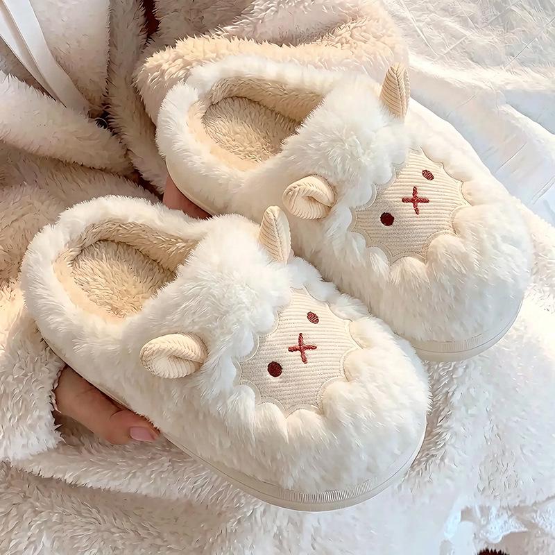 Pantoufles de maternité mignonnes en coton petit agneau pour femmes - Antidérapantes, duveteuses, couvrant le talon pour l'automne/hiver 2024