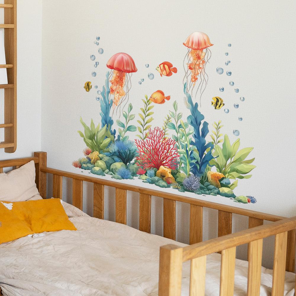 Cartoon Sea Floor Seaweed Coral and Small Animal Bathroom and Toilet Decoration Beautification Wall Stickers