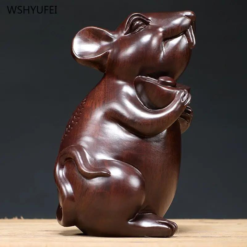 Solid Wood Mouse Wood Carving Decorations Living Room Xuanguan Office Shop Home Decoration Sculpture Crafts Housewarming Gift