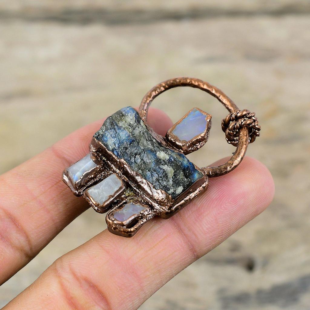 Labradorite Rough Pendant Electroformed Copper Pendant Rainbow Moonstone Rough Pendant Electroformed Jewelry Gemstone Pendant Gift For Women