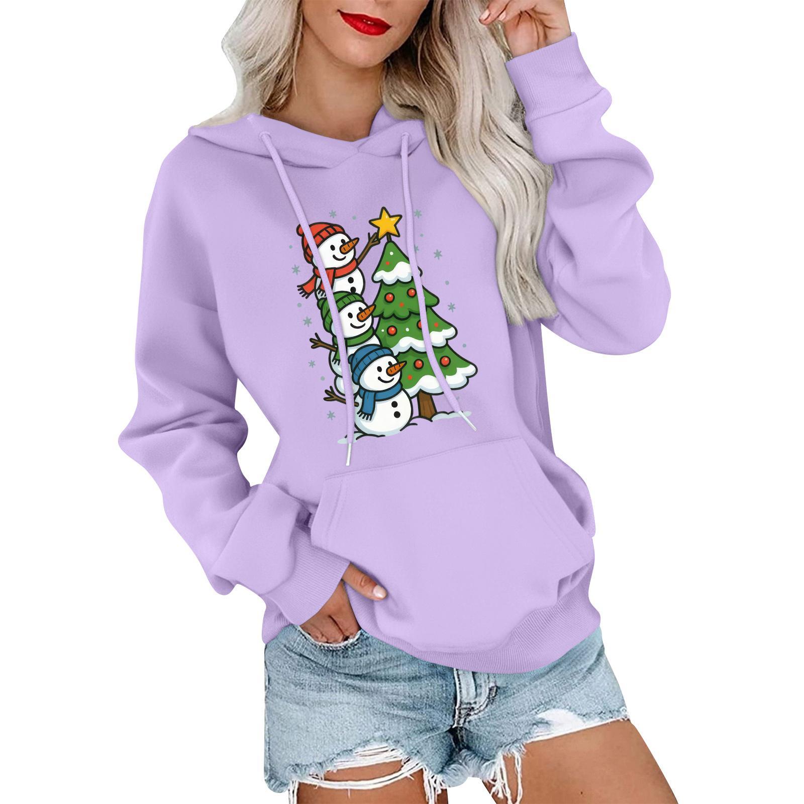 Женский модный, расслабленный и удобный свитер с круглым вырезом и капюшоном, с длинными рукавами и рождественским принтом, теплый свитер XXL