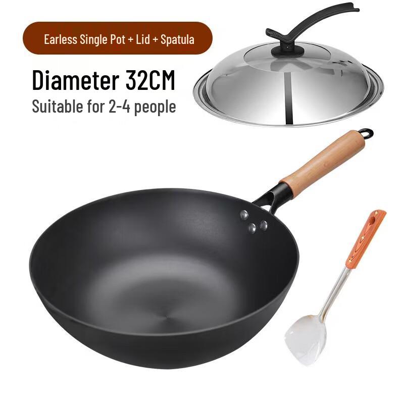 Traditional 32cm Cast Iron Wok with Steel Lid & Spatula