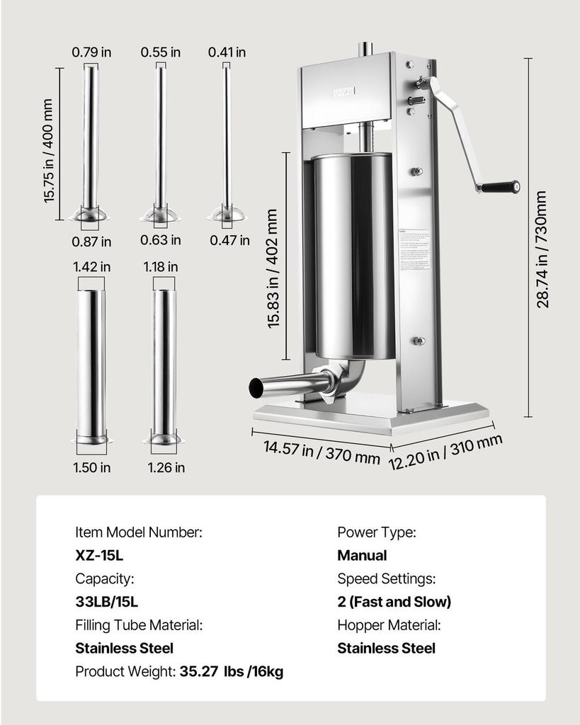 Manual Sausage Stuffer, 33 LBS / 15 L Vertical Meat Stuffer, Heavy Duty Sausage Casing Meat Stuffing Machine, Dual-Speed Stainless Steel Filler with 5