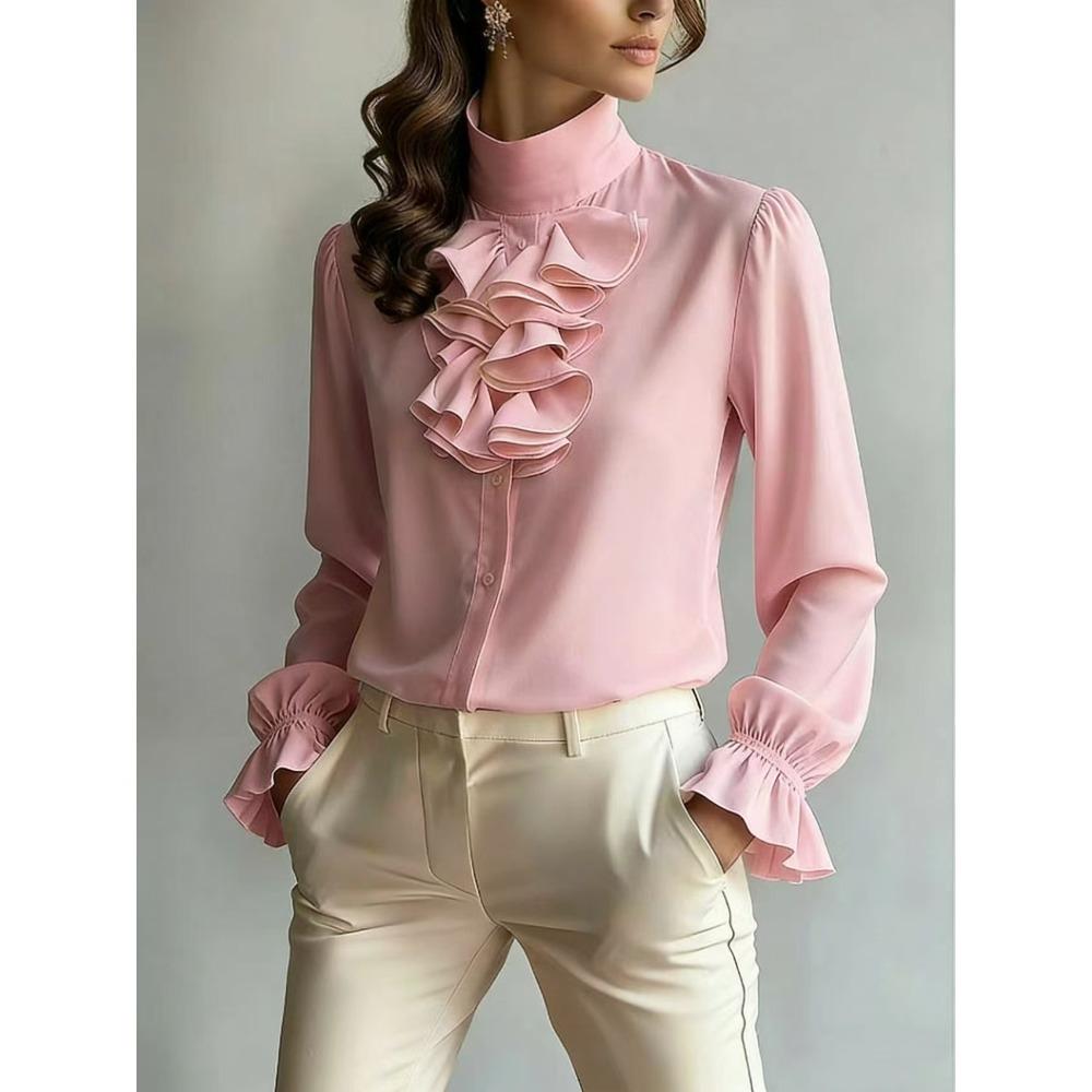 Spring and Autumn New Temperament Commuting Loose Stand-up Collar Solid Color Ruffle Edge Women's Shirt