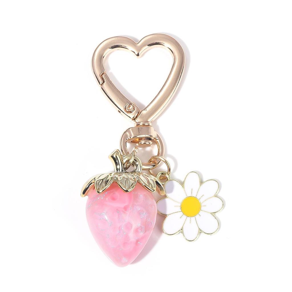 Peach Heart Strawberry Flower Keychain - Heart-Shaped Bag or Car Pendant
