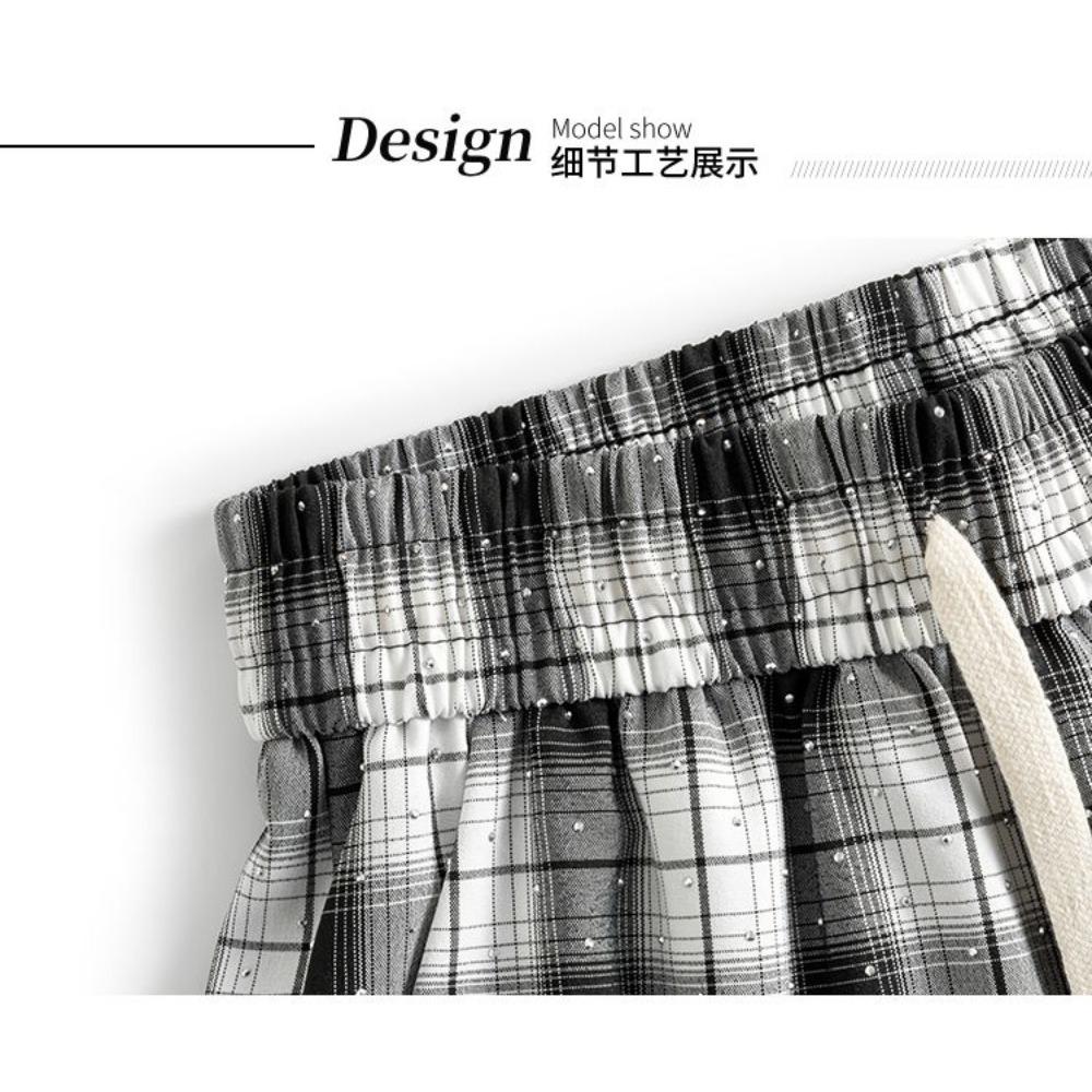 Retro Plaid Hot Diamonds for Women In Summer Thin High Waist Drawstring Straight Leg Casual Pants