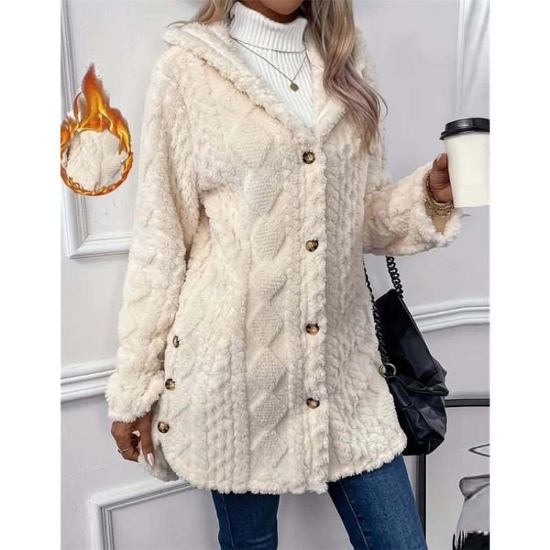 Women's Solid Color Fuzzy Hooded Coat Plush Open Front Jacket With Buttons