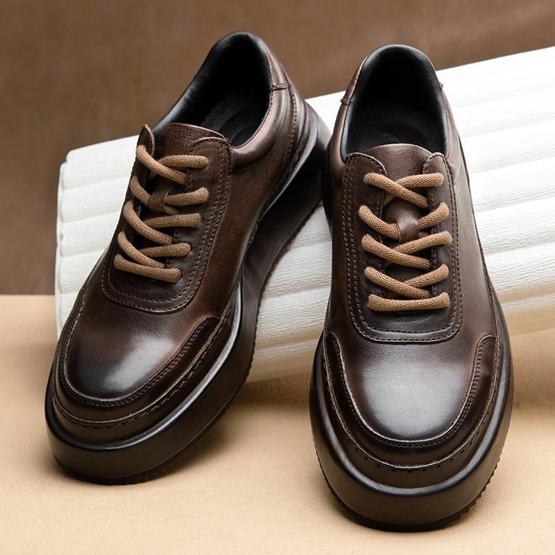 New modelMuffin Bottom First Layer Cowhide Men'S Shoes Trendy Versatile Inner Height Increase Casual Leather Shoes Men'S Leather Thick Sole Retro