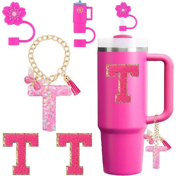 Cup Accessories Set for Stanley Cup 30oz 40oz tumbler with handle, Including Silicone Straw Topper Cover Cap, Handle Charm, Initials Sticker Fuchsia