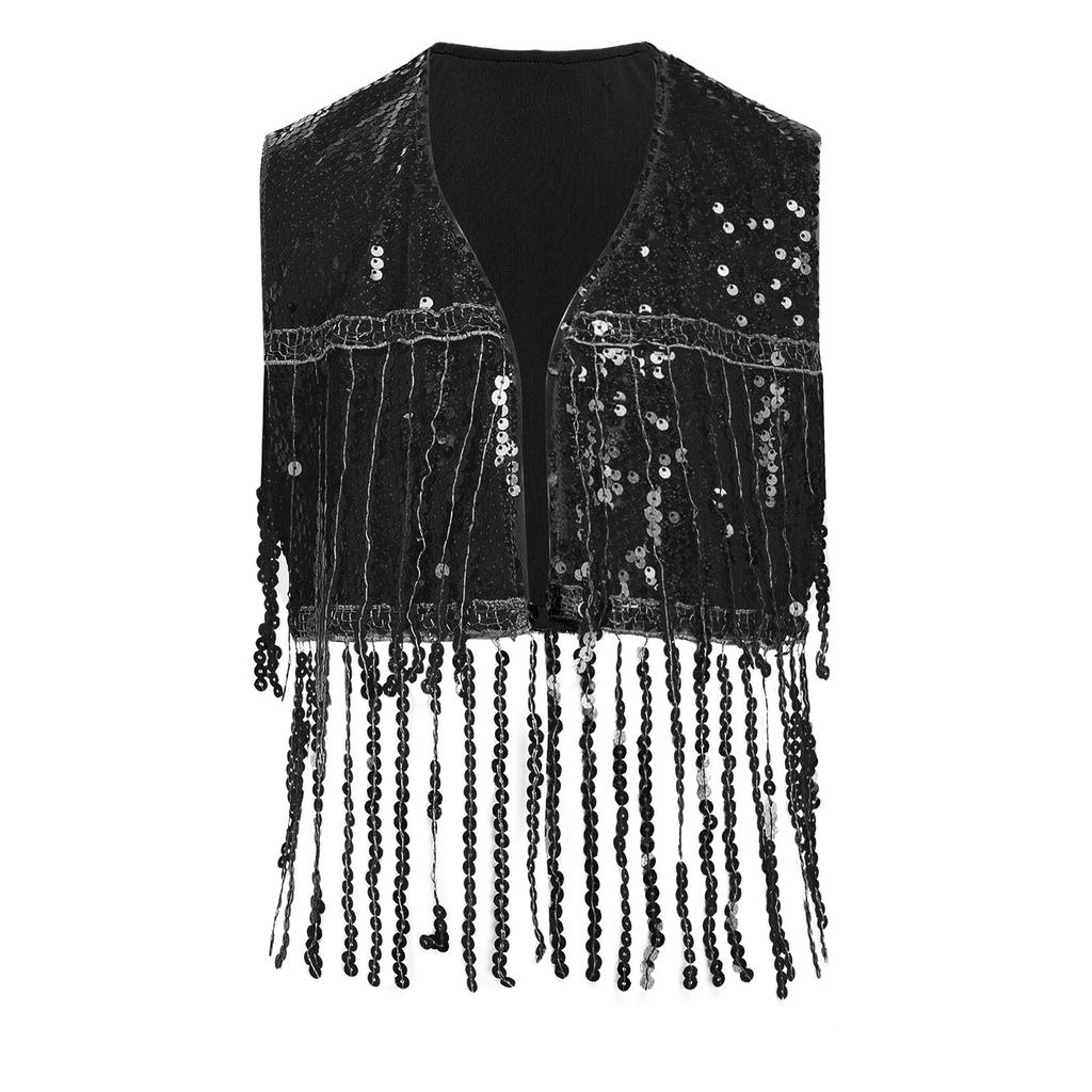 Girls Shiny Sequin Tassel Vest Sleeveless Open Front Fringed Crop Top Waistcoat for Jazz Dance