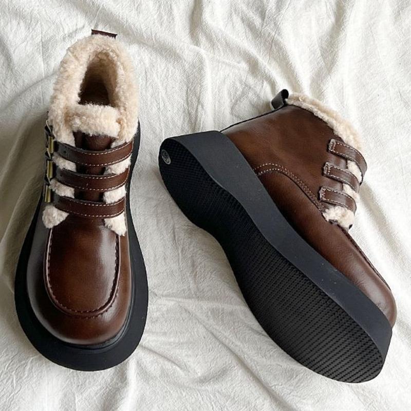 Fashion Winter Leather Round Toe Chunky Plush Woman Shoes Comfortable and Elegant Lamb Booties New Rock Goth Padded Snow Boots for Women