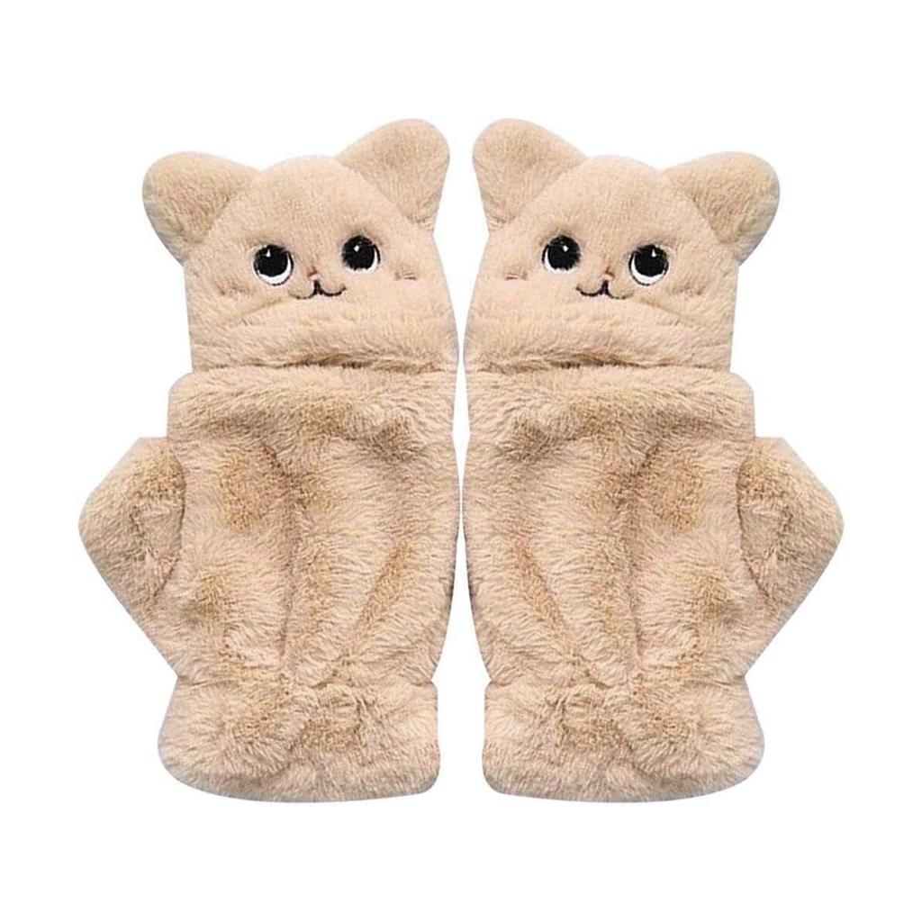 Winter Faux Furs Fingerless Wool Gloves Thermal Insulation Warm Convertible Mittens Flap Cover for Women Girls