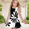 Girls Round Neck Sleeveless Black White Swirl Printed A Line Flared Hem Dress