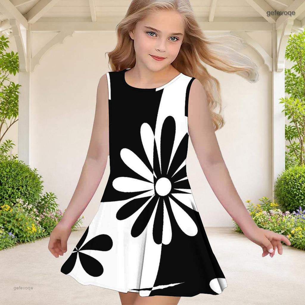 Girls Round Neck Sleeveless Black White Swirl Printed A Line Flared Hem Dress