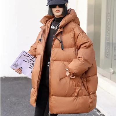 Lagabogy Mid-length Puffer Coat Casual Winter Women Loose Thick White Duck Down Jacket Female Solid Windproof Hooded Parkas