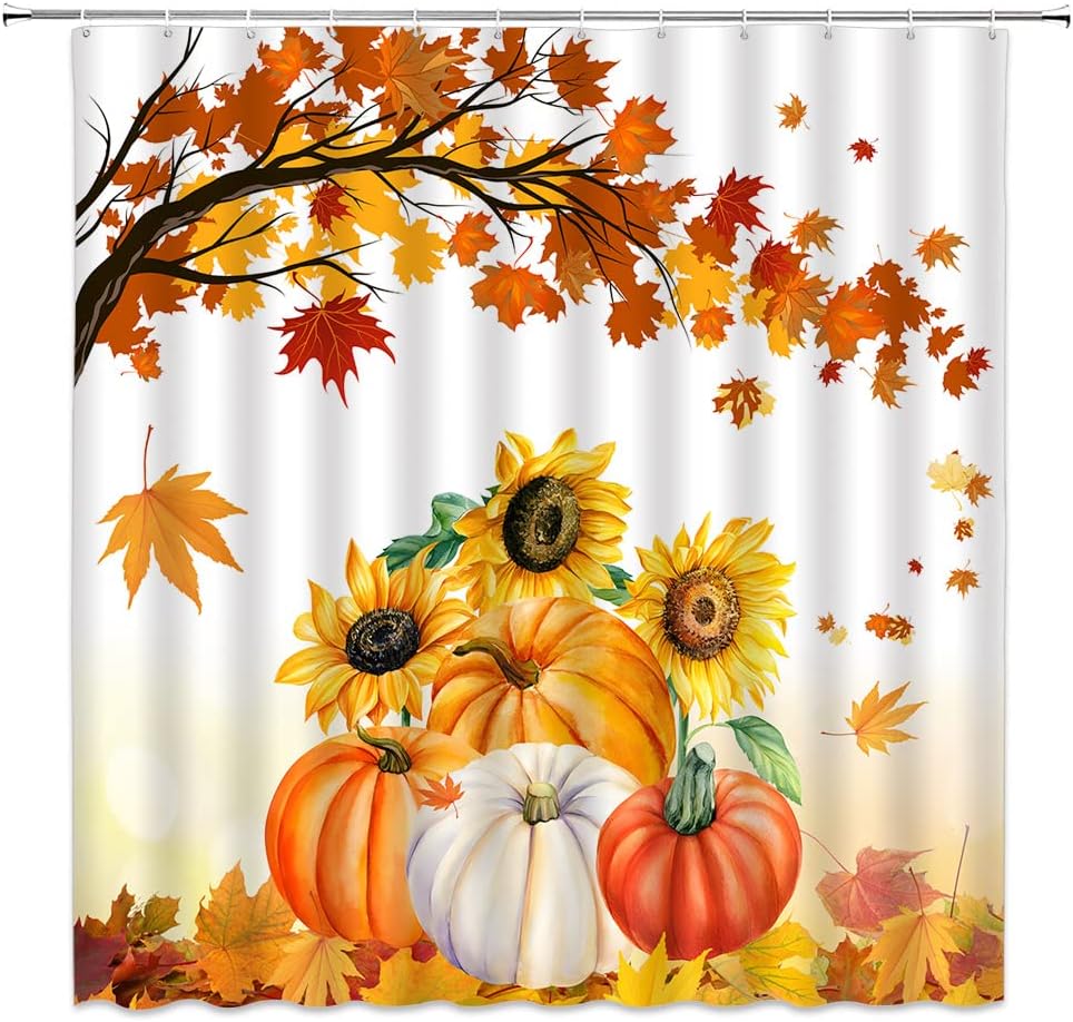 GCTNBJL Fall Shower Curtain Pumpkin Maple Leaves Sunflower Autumn Thanksgiving Day Harvest Farmhouse Seasonal Holiday Rustic Cou