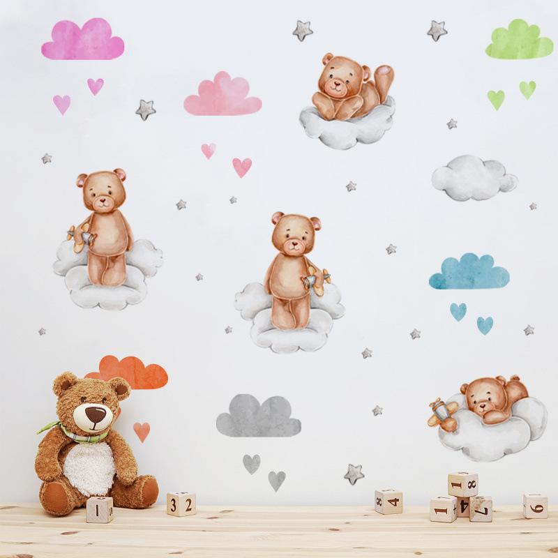 Wall Stickers Cartoon Bear Clouds Stars Hearts Kids Room Decor Nursery Wall Art Living Room Home Wall Decal Removable Wall Decor