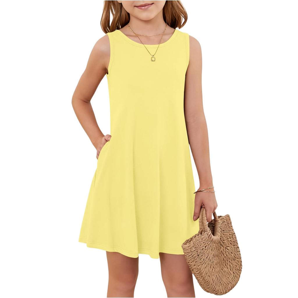 Girl Summer Dress Sleeveless Printed Color Casual Dress With Pocket