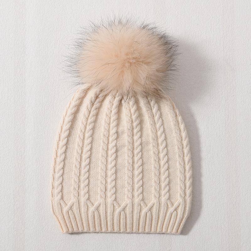 Versatile warm rabbit down knitted hat women's solid color outdoor twist pattern wool hat winter ear protection windproof