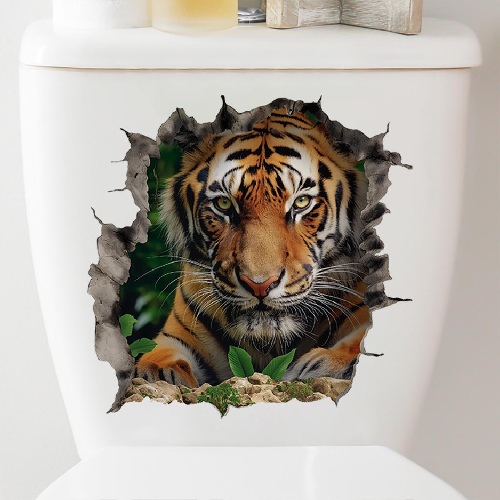 Fierce 3D Breaking Wall Tiger Toilet Stickers, Waterproof Removable Self-Adhesive Bathroom Decals