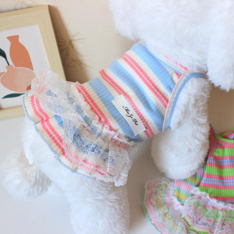 Puppy Summer Clothes Pet Outfit Lace Striped Dog Dress Cat Vest Chihuahua Bichon Yorkie Suspenders Skirt Cute Female Dog Tshirt