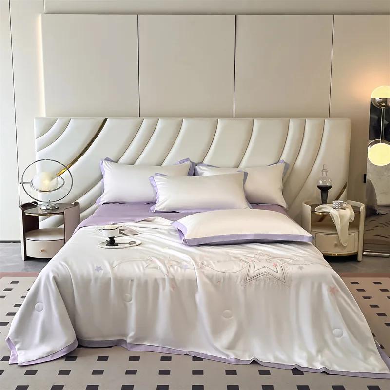 

2025 new washed silk embroidered summer quilt 4-piece dormitory single summer cool quilt sheet pillowcase machine washable 150x200cm 1pcs