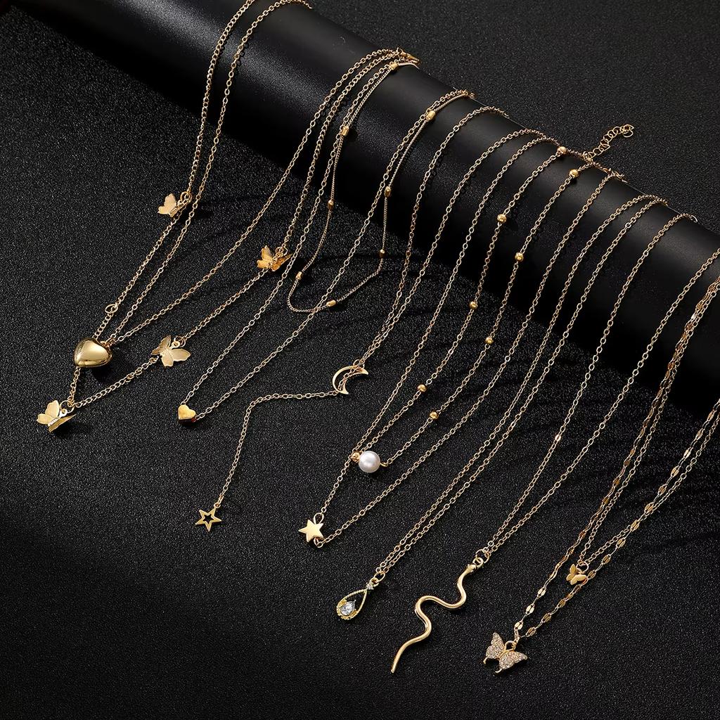9 Pcs Multi-layered Gold Color Necklace Set for Women Fashion Zircon Heart Butterfly Star Moon Snake Pendant Necklaces Set
