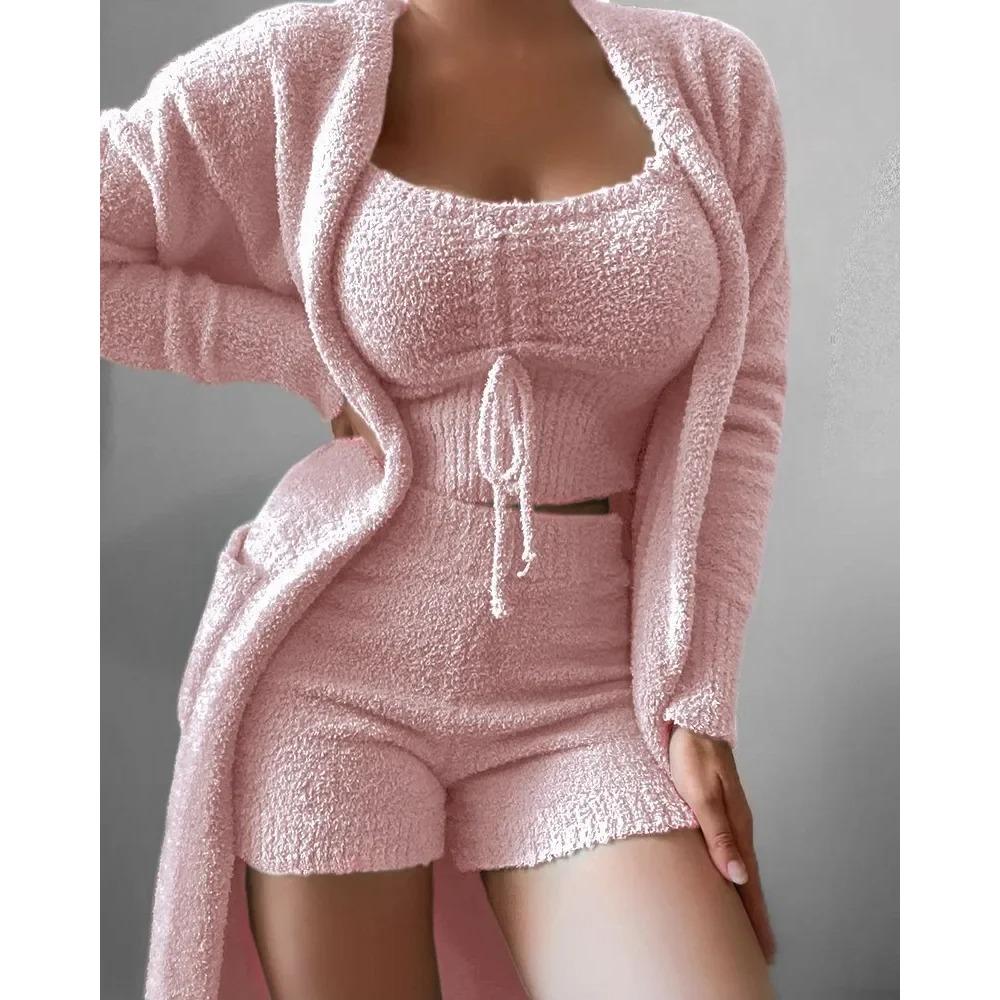 Nová Podzimní Zimní Dámská Sametová Pyžamová Souprava Crop Top+Dlouhé Kalhoty+Župan 3dílný Oblek Teplé Měkké Fleecové Domácí Oblečení Pyžamo S-3XL