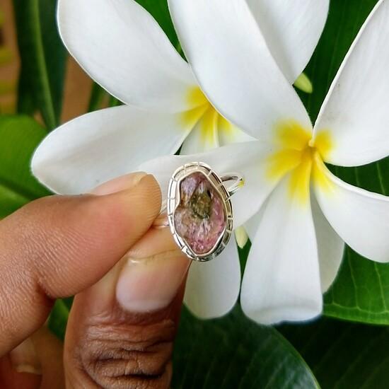 925 Sterling Silver Raw Watermelon Tourmaline Gemstone Ring Sz 6  Christmas Gift