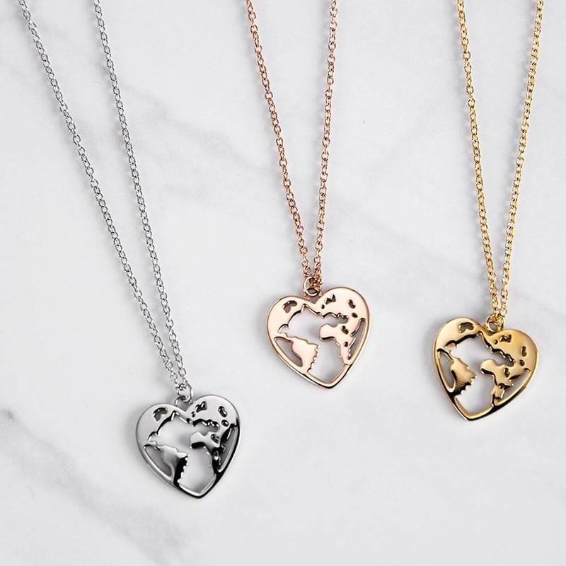 Non Tarnish Custom Stainless Steel Heart Minimalist World Map Necklace 18+5inches&World map