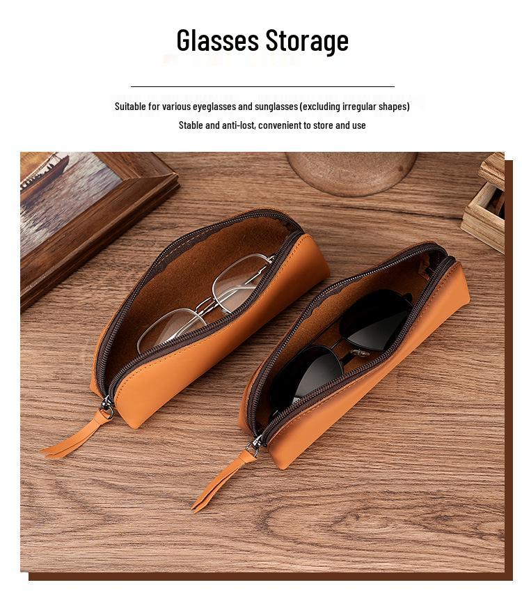 Genuine Leather Multifunctional Pencil Case Stationery Box with Zipper—Portable for Students, Holds 2B Pencils & Glasses