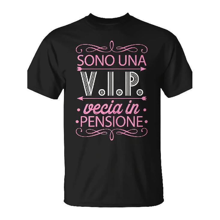 Unipecio Women'S Retirement Party T-Shirt | Funny Italian Vip Saying "Sono Una Veccia In Pensione" Black with Pink Lettering, Casual Crew Neck,