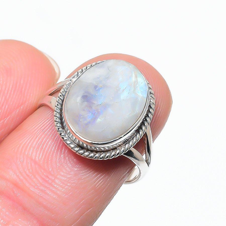 Natural Rainbow Moonstone Gemstone 925 Solid Sterling Silver Gift Ring S.8 D0B16