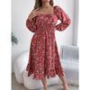 Fashion Women's Dresses Elegant Floral Square Neck Long Sleeve Waisted Ruffle A-line Dresses