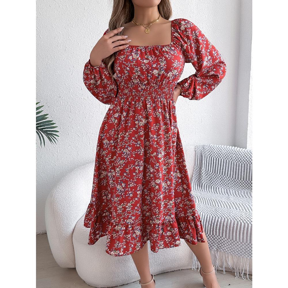 Fashion Women's Dresses Elegant Floral Square Neck Long Sleeve Waisted Ruffle A-line Dresses